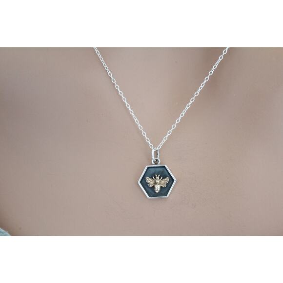 Sterling Silver Hexagon Charm with Bronze Bee Necklace - Picture 2 of 3